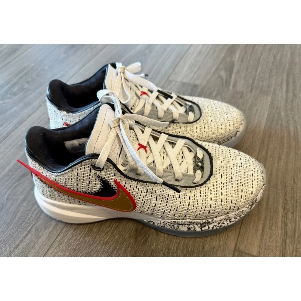 Nike LeBron Mens Basketball Shoes Size 7‎ Cream Knit Red Swoosh Sneakers